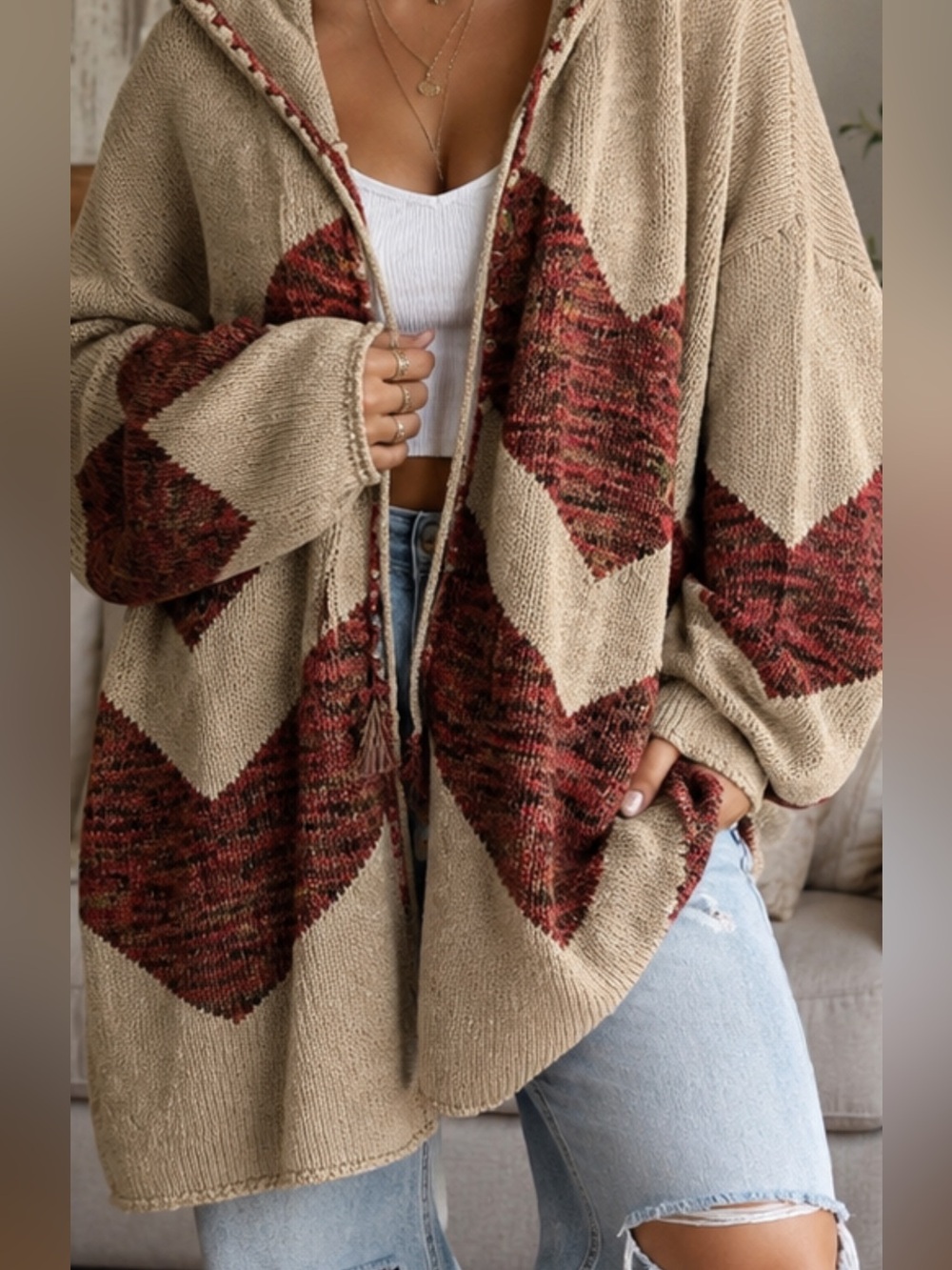 Women's Hooded Chevron Knit Cardigan - Beige and Rust